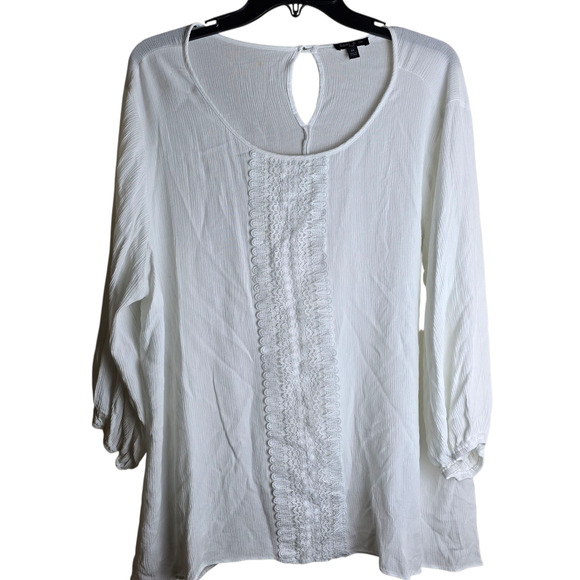 Women’s Large White Boho Lace Crinkle Peasant Tunic Keyhole 3/4 Sleeve Shirt - Picture 1 of 9